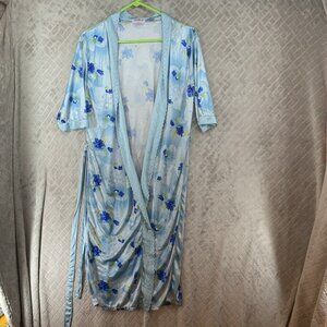 Nines Womens Nightie Robe Blue Floral Silky Satin Lightweight Open Front Belt